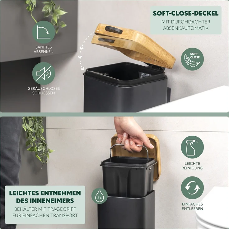 Wand-Kosmetikeimer 3 l, Badmülleimer 2-Wege-Montage, eckig, schwarz – Bild 4