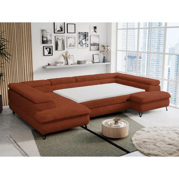 Ecksofa U-Form, mit Bettkasten, Bettfunktion und Einstellbare Kopfstützen, Sofa big XXL - PETER U - Orange Plüsch - Topper T25 – Bild 5