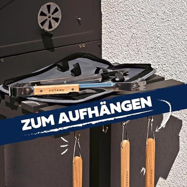 Praknu Grillbesteck-Set mit Holzgriffen und Tragetasche - Hitzebeständig, Rostfrei und Robust, (4-teiliges Set, 4 tlg, 1x Grillzange, Grillwender, Grillgabel, Grillbürste, Tragetasche), Lange Griffe (38cm), Spülmaschinenfest, inkl. Aufbewahrungstasche – Bild 5