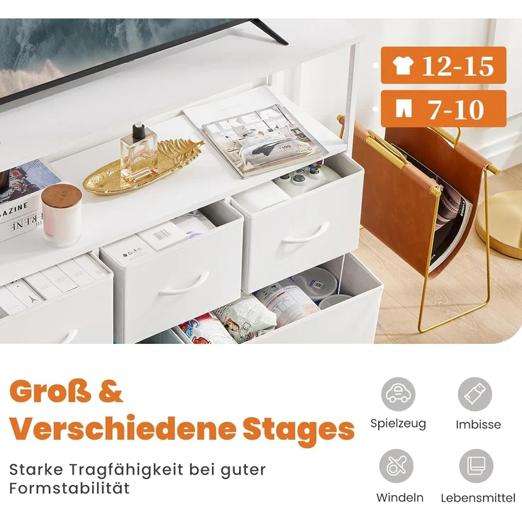 Sweetcrispy Kommode,TV Schrank Stand für Schlafzimmer mit 5 Stoffschubladen,Sideboard Wohnzimmer für 115cm TV,Einstellbare Füße Schubladenschrank,Komodenschrank für Schlafzimmer,Modernes Weiß – Bild 4