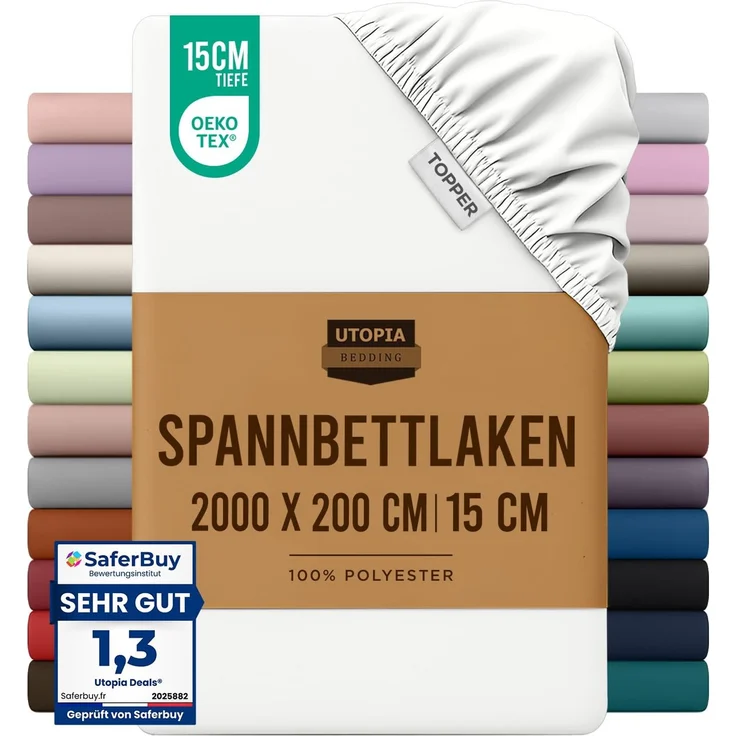 Utopia Bedding - Topper Spannbettlaken 200x200 cm - Weiß - Oeko-Tex Zertifiziertes Gebürstete Polyester-Mikrofaser Spannbetttuch - 15 cm Tiefe Tasche
