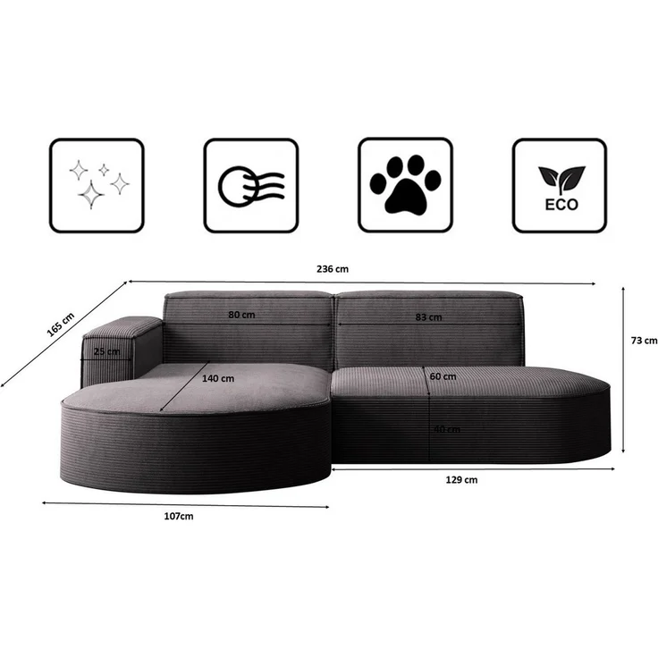 Kaiser Möbel Ecksofa Designer MODENA STUDIO L stoff Cord, Ecksofa, Cord Sofa, L-Form, Links/Rechts wählbar – Bild 2