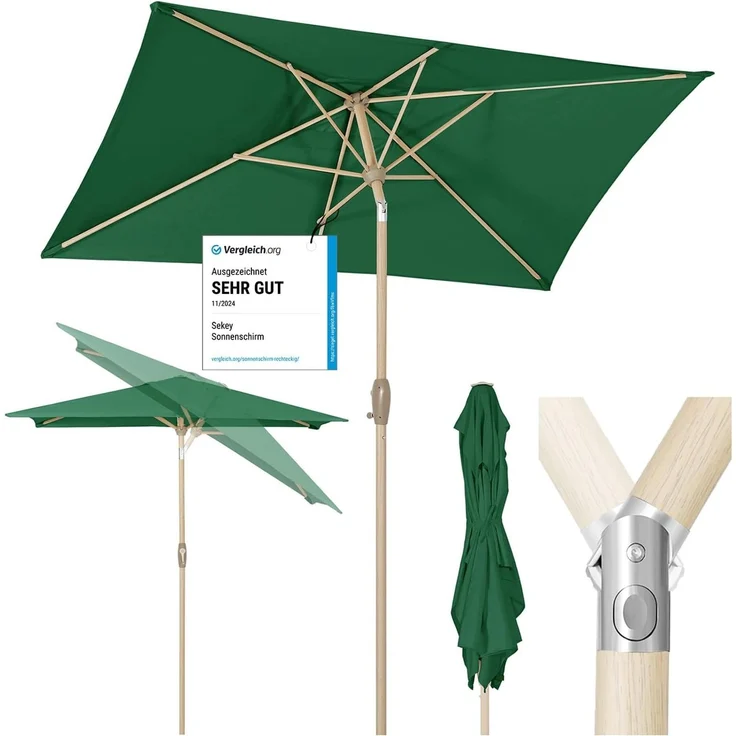 Sekey Sonnenschirm mit Kurbel und UV50+, knickbar, Aluminium grün / natur, 210 x 140 cm – Bild 1