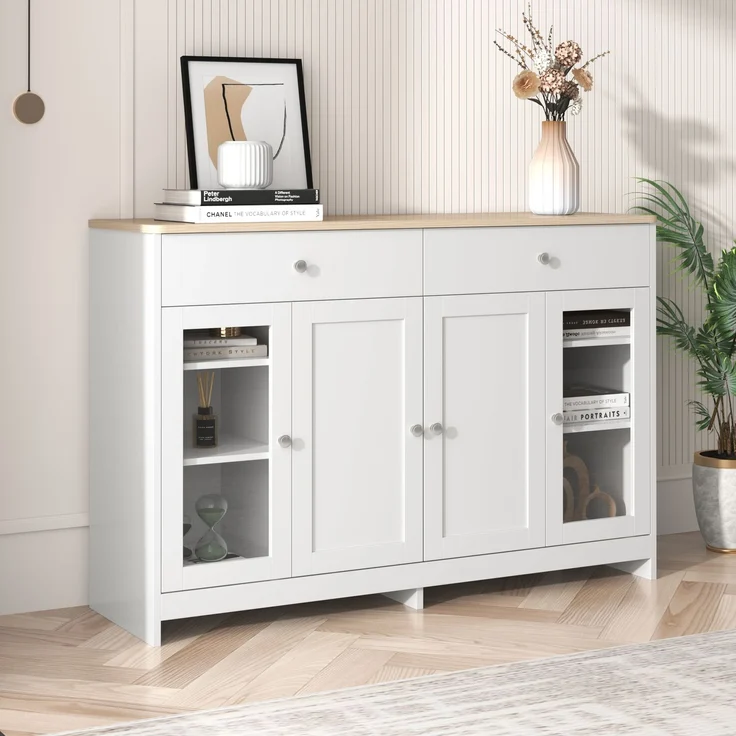 Sideboard 120×37×80 cm mit 2 Schubladen, 4 Türen, verstellbaren Regalböden, Holzoptik Kommode Buffetschrank Weiß – Bild 3