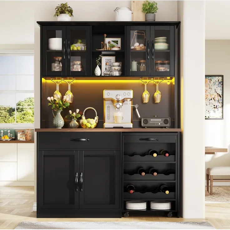 Küchenschrank mit Rollwagen, LED-Beleuchtung & Weinregal, 140x38x180 cm, Schwarz