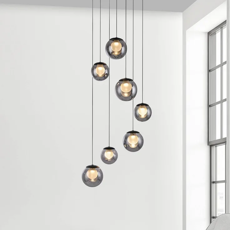 PURE LED-Hängelampe Popup, 7-flammig, grau/rauchgrau, höhenverstellbar mit CCT-Funktion und dimmbar über Fernbedienung, Ø 40 cm