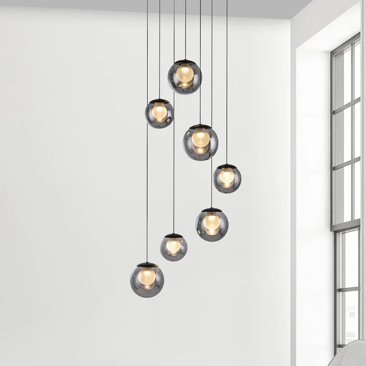 PURE LED-Hängelampe Popup, 7-flammig, grau/rauchgrau, höhenverstellbar mit CCT-Funktion und dimmbar über Fernbedienung, Ø 40 cm