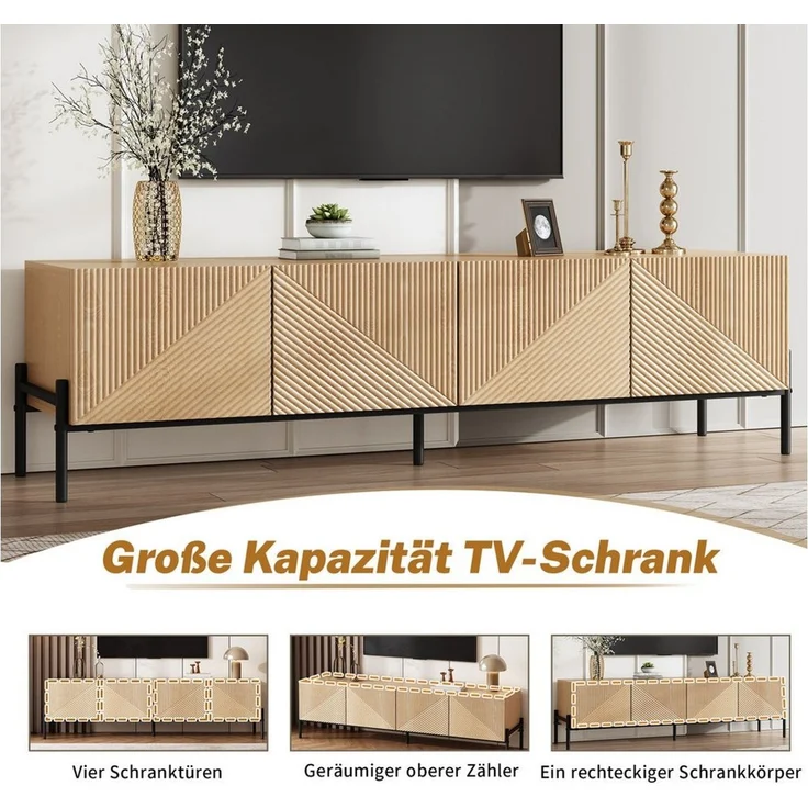 BlingBin Lowboard TV-Schrank Fernsehschrank TV-Ständer (1 St, mit 4 Türen Aufbewahrung, Geometrisches Design, 3D-Textur), 163,5 L x 40 B x 45H(cm), Natur – Bild 3