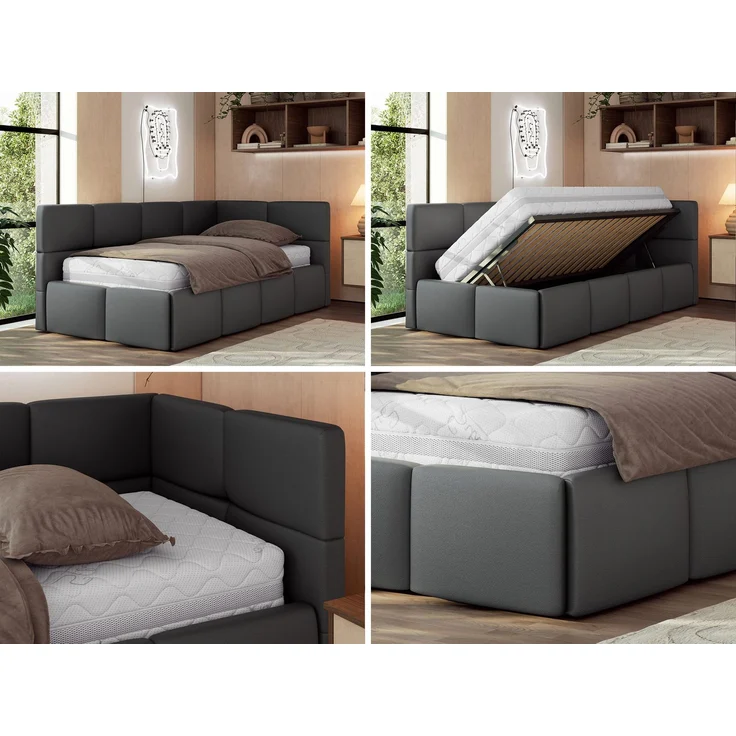 Jugendbett 90x200 ARVO Polsterbett mit Bettkasten, Stauraum & Gasdruckfeder, Modernes Design mit Kopfteil, Multipocket Matratze - Grau Kunstleder - ELORI LUX - Rechts Seite – Bild 2