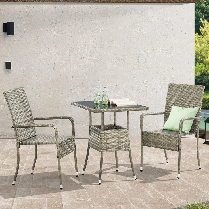 Juskys Polyrattan Gartentisch Yoro wetterfest - Balkontisch 60x60 cm eckig - Rattan Beistelltisch mit Glasplatte - kleiner Tisch für Balkon - Grau – Bild 1