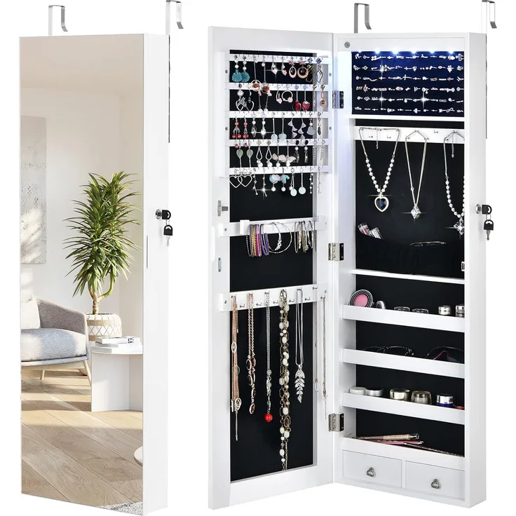 COSTWAY Verspiegelter Schmuckschrank mit 6 LED-Leuchten & 2 Schubladen , Schmuck Hängeschrank abschließbar, Sipegelschrank Schrank Wand- / Türmontage (Weiß)