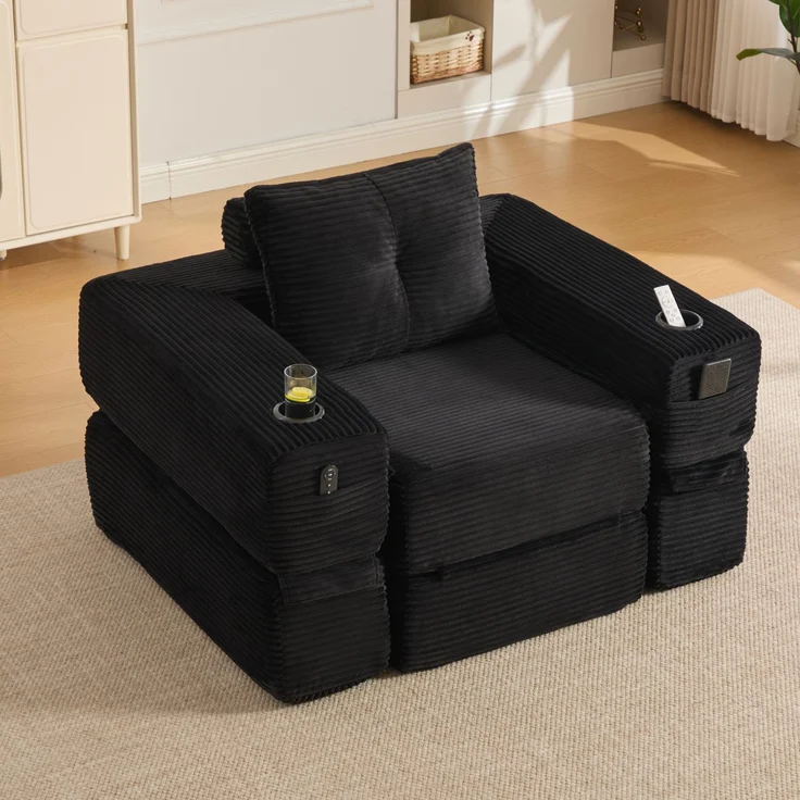 Klappsofa aus Cord mit Federkern, Getränkehalter, 122x98x80 cm, Schwarz – Bild 4