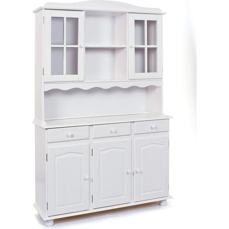Dmora Sideboard mit drei Türen und Schubladen mit oberer Vitrine, weiße Farbe, 130 x 198 x 32 cm