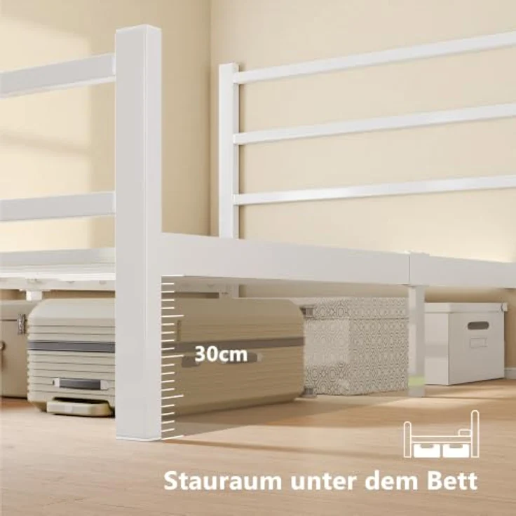 Feonase Einzelbettgestell aus Metall mit stilvollem Kopfteil und Fußteil, Einzelbettgestell, einfache Montage, reichlich Stauraum unter dem Bett (Weiß, 90x200 cm) – Bild 5