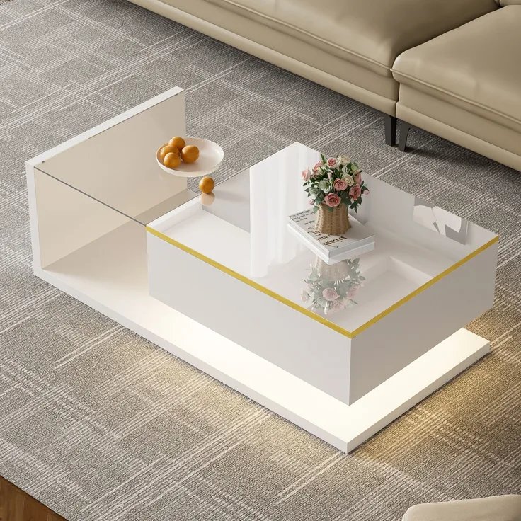 Couchtisch 100x50 cm Hochglanz Weiß LED Beleuchtung App Steuerung 16 Farben Glasplatte Wohnzimmer