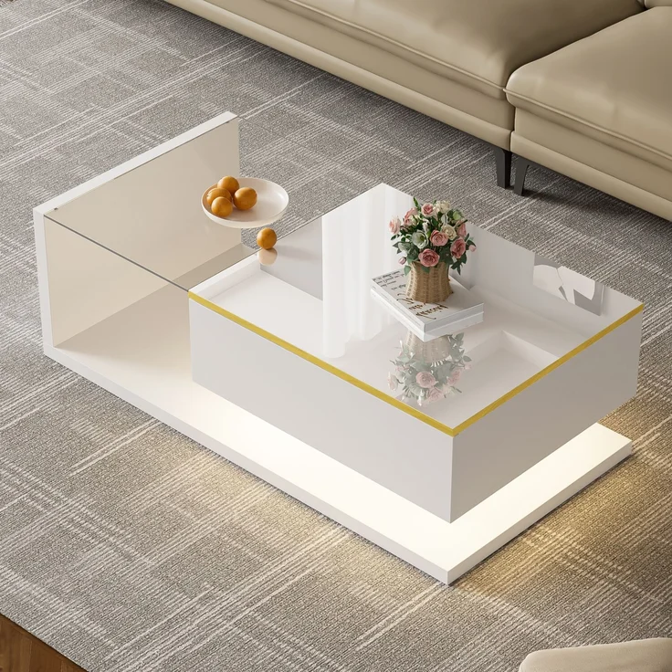 Couchtisch 100x50 cm Hochglanz Weiß LED Beleuchtung App Steuerung 16 Farben Glasplatte Wohnzimmer – Bild 1