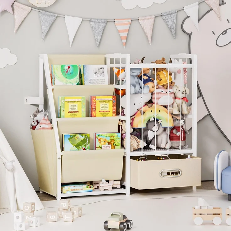 Yorbay Spielzeugtruhe 2 in 1 Bücherregal Kinderregal, Kinderzimmerregal mit Aufbewahrungsbox & Taschen, 84x30x76cm – Bild 9