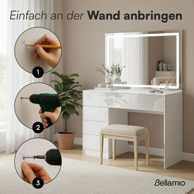 Bellamio 'Livny' Schminktisch mit Spiegel, LED-Beleuchtung, mit 5 Schubladen, beidseitig montierbar, weiß Hochglanz, 80x53x110 cm, LED-Beleuchtung mit mit 3 einstellbaren Lichtfarben – Bild 8