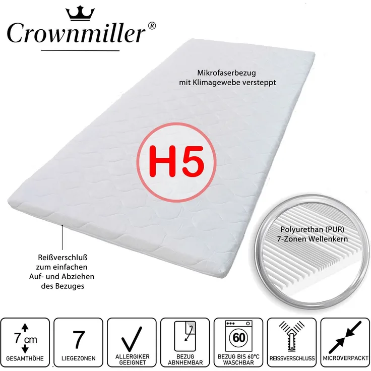 Crownmiller Gigant 180x200cm extra fest, 7 Zonen XXL Topper, 7 cm, Bezug waschbar bis 60°C