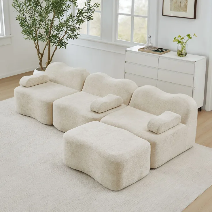 EINHOM 3-Sitzer L-förmiges Modulares Boneless Sofa mit 1 Ottoman, 32D Hochdichtschaum, Wellenform, tiefe Sitzfläche, bewegliches Armlehnenkissen, für Wohnzimmer, Beige