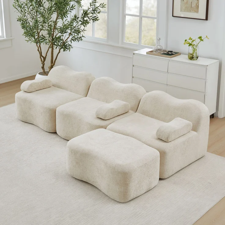 EINHOM 3-Sitzer L-förmiges Modulares Boneless Sofa mit 1 Ottoman, 32D Hochdichtschaum, Wellenform, tiefe Sitzfläche, bewegliches Armlehnenkissen, für Wohnzimmer, Beige – Bild 1