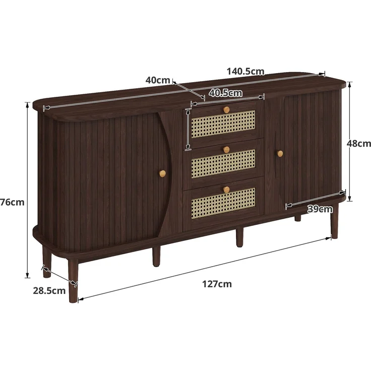 Merax Sideboard, Rattankommode, Kommode mit Schiebetüren, verstellbaren Einlegeböden und abgerundeter Platte, Walnuss – Bild 5