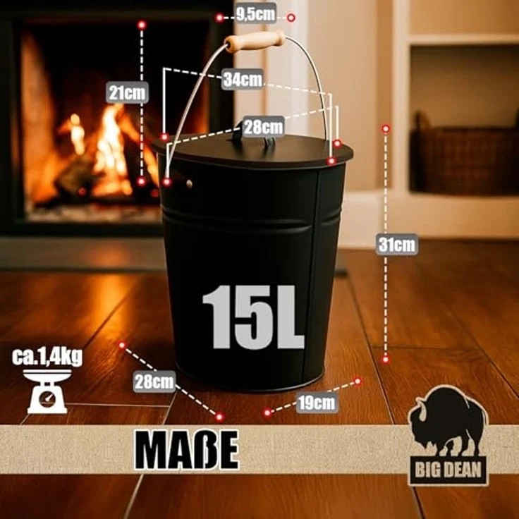 BigDean Aschekasten Ascheeimer mit Deckel 15 Liter mit Griff Ascheimer Oval – Bild 3