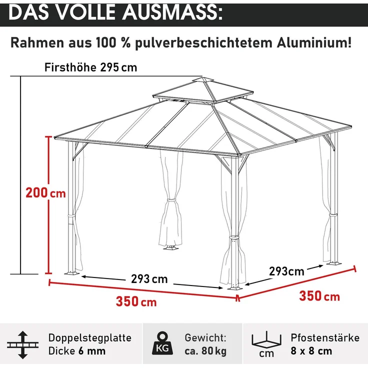 BRAST Pavillon Aluminium Pagode inkl. Moskitonetz, festes Dach, wasserdicht, stabil, UV-Schutz, 3,5x3,5 m, Hellgrau – Bild 2