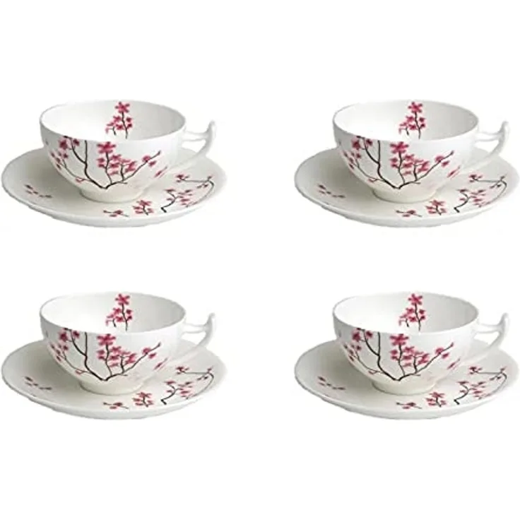 TeaLogic Tasse 4er Set Cherry Blossom Jumbotasse mit Untertasse, Porzellan