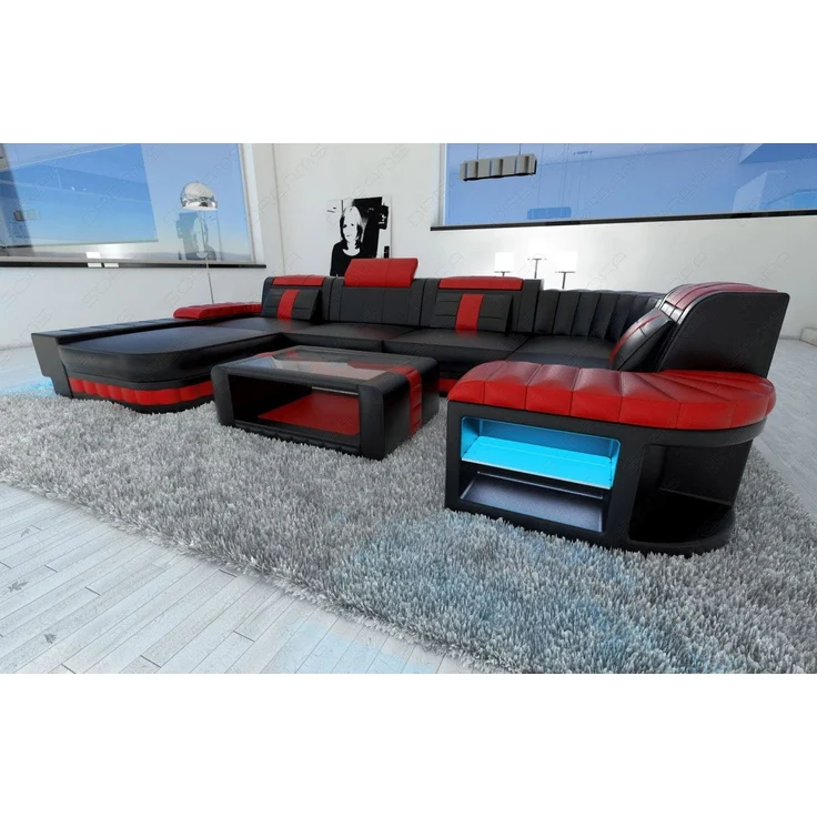 Sofa Dreams - Mini Designer Wohnlandschaft Bellagio Led U-Form - Kunstleder - Schwarz-Rot - Links – Bild 5