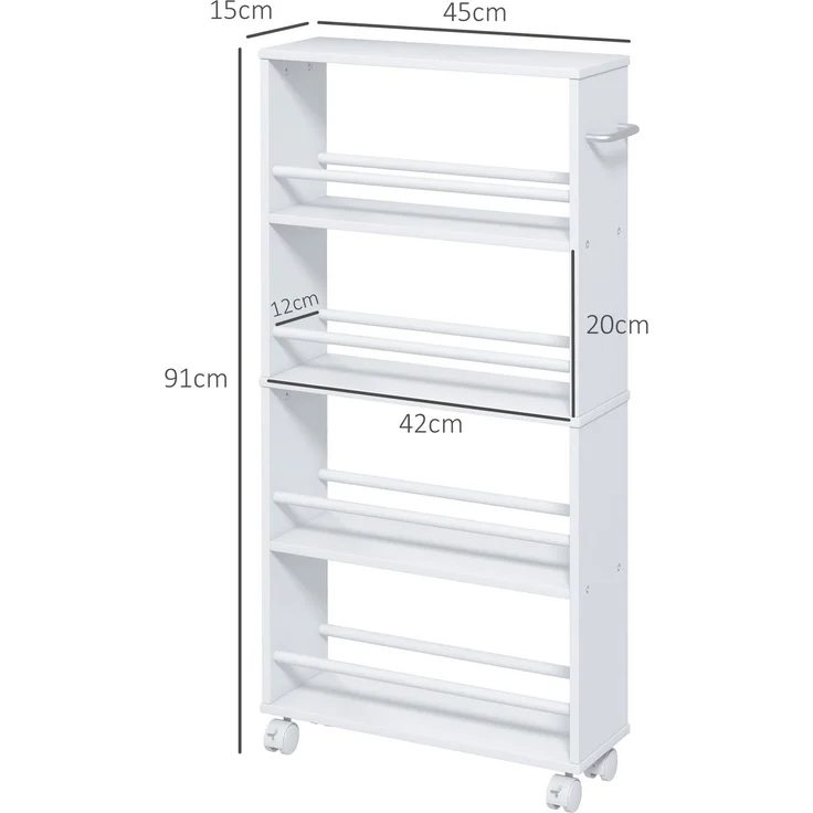 Multifunktionsregal mit Rollen, schmale Bauweise, 4 Fächer, 45x15x91 cm, Weiß--Weiß--45x15x91cm--YOUDENOVA – Bild 5
