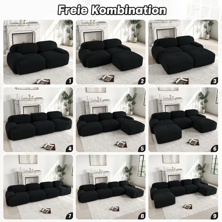 2-Sitzer Sofa 208×178×75 cm aus Cordstoff rahmenlos modular mit 1 Ottomane, schwarz – Bild 7