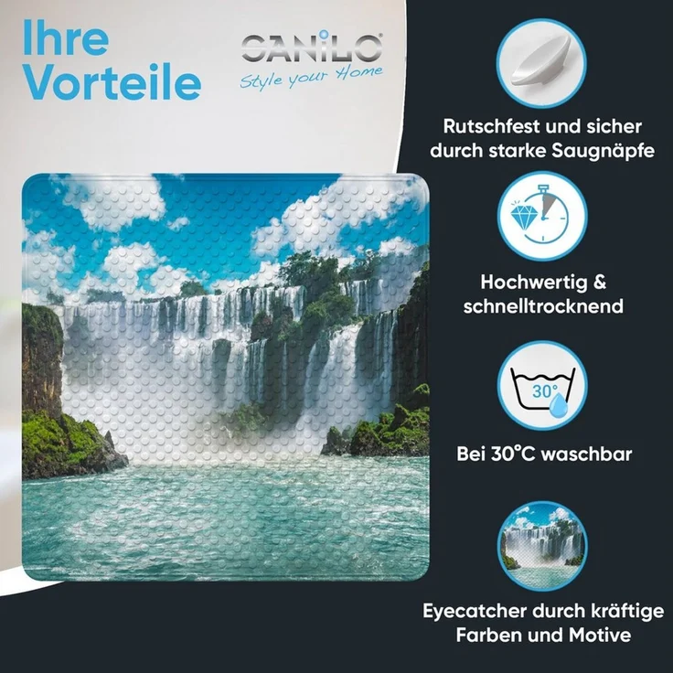 Sanilo Duschmatte, mit Motiv, rutschfest, waschbar, quadratisch, 230 extra starke Saugnäpfe, Kunststoff PVC, 53 x 53 cm, Wasserfall – Bild 2