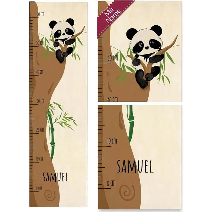 Panda Messlatte für Kinder mit Namen Niedlicher Pandabär - 0-60 cm - Holz