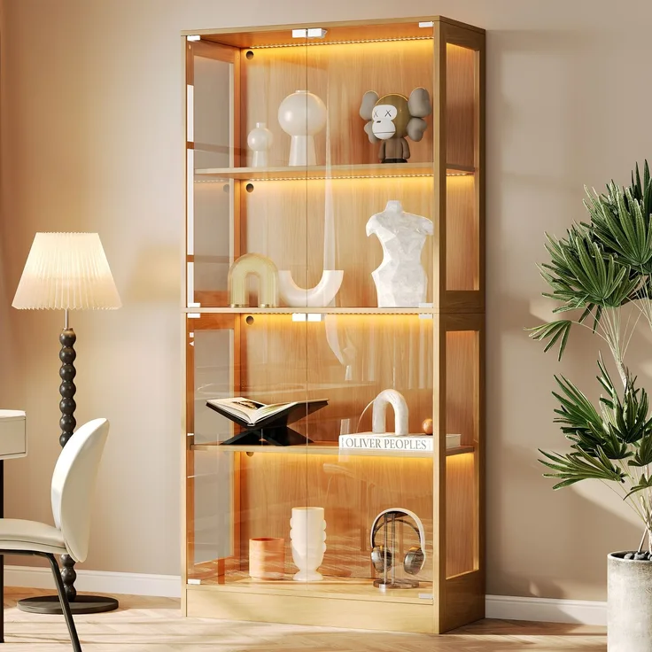 Flieks LED-Vitrinenschrank 80 x 35 x 170 cm mit 4 Glastüren, 4 Ablagen und App-Steuerung, Naturholzfarbe