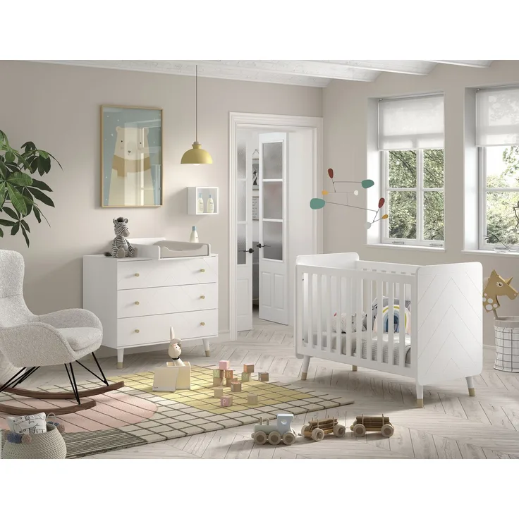 BILLY Babyzimmer-Set, best. aus Kommode, Wickelaufsatz u. Babybett 60x120 cm, MDF Satin Weiß lackiert