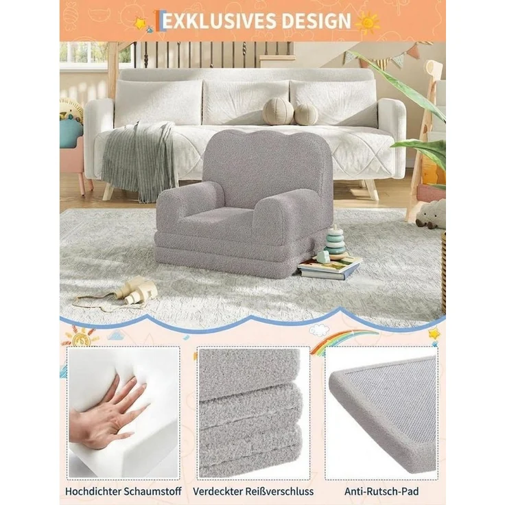 GarveeMore Kindersofa 2-in-1 Schlafsofa Sofabett Klappsofa für Kinder aus Teddystoff – Bild 4