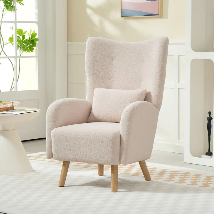 Akzentstuhl, Polstersessel mit Plüschbezug, Schaumstoffkissen, Ohrensessel, Beige--Beige--106x72x77cm--YOUDENOVA – Bild 4