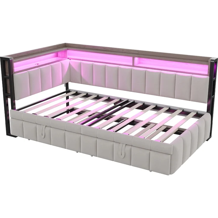 Merax Einzelbett, 90x200cm Polsterbett, Schlafsofa, mit Ausziehbett, LED-Beleuchtung und Ablagefächern am Kopf- und Fußende, Ausgestattet mit USB- und Typ-C-Anschlüssen, Samtstoff Hellgrau – Bild 6