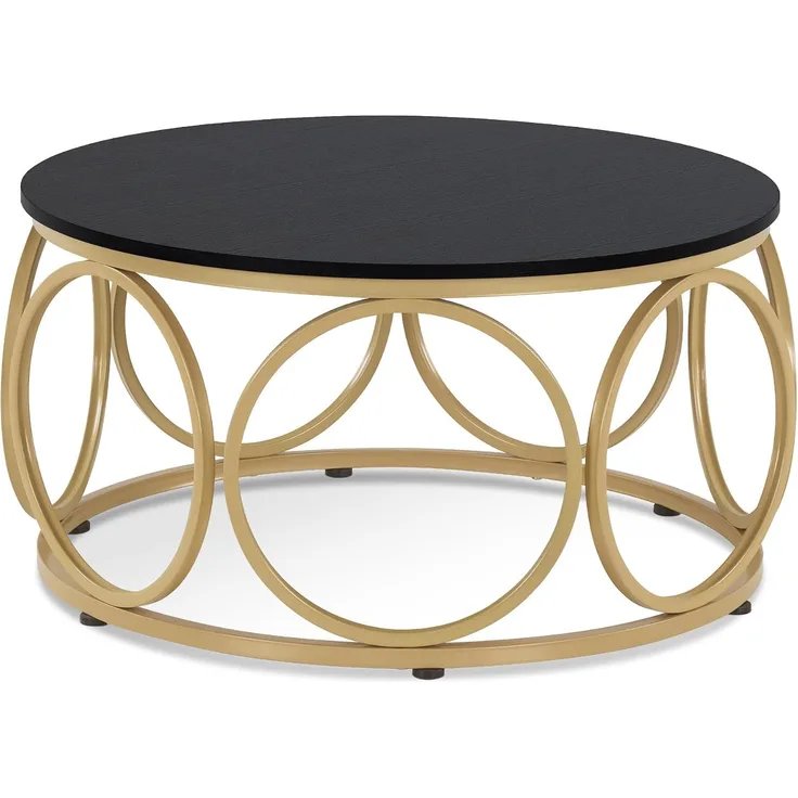 M MCombo Couchtisch Rund Holz, Modern Sofatisch Schwarz-Gold, Klein Kaffeetisch Metallgestell, Beistelltisch für Wohnzimmer, Durchmesser 80cm, 2102
