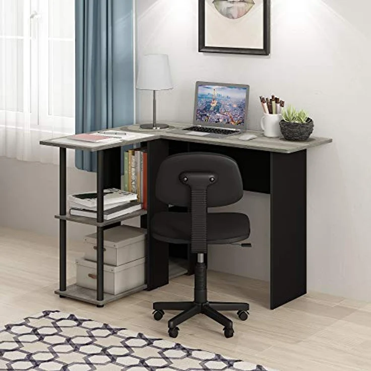 Furinno Abbott L-förmiger Schreibtisch mit Regalen, Holz, Französische Eiche Grau/Schwarz, 87.5 x 104.5 x 73.51 cm – Bild 5