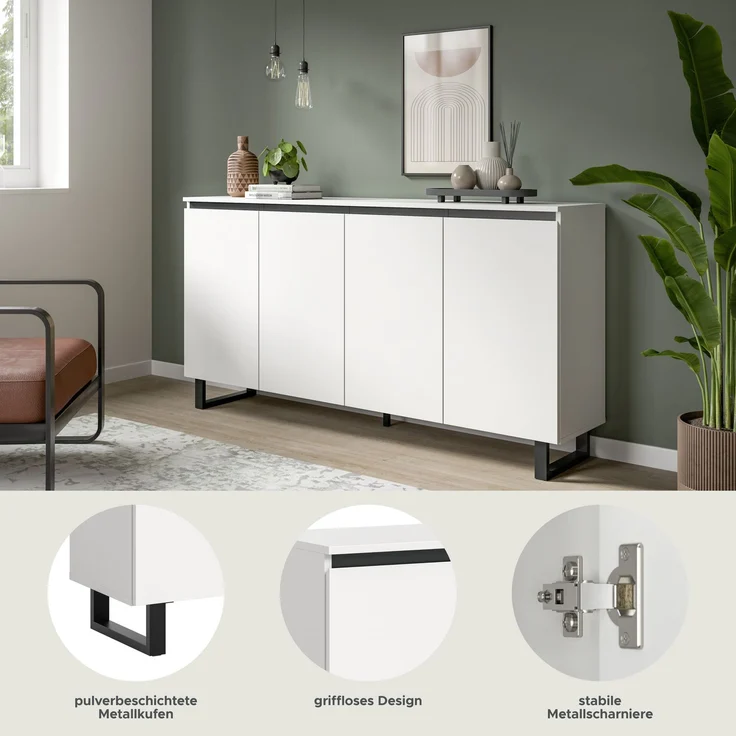 Sideboard B/H/T: 160x84x36 cm in weiß Melamin und schwarz – Bild 6