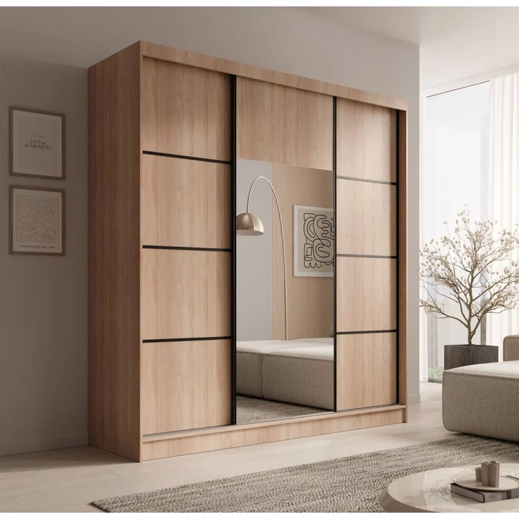 Schiebetürenschrank Schrank ALFA in Sonoma- Tür Applikation Schwarz 200x215x61 cm – Bild 1