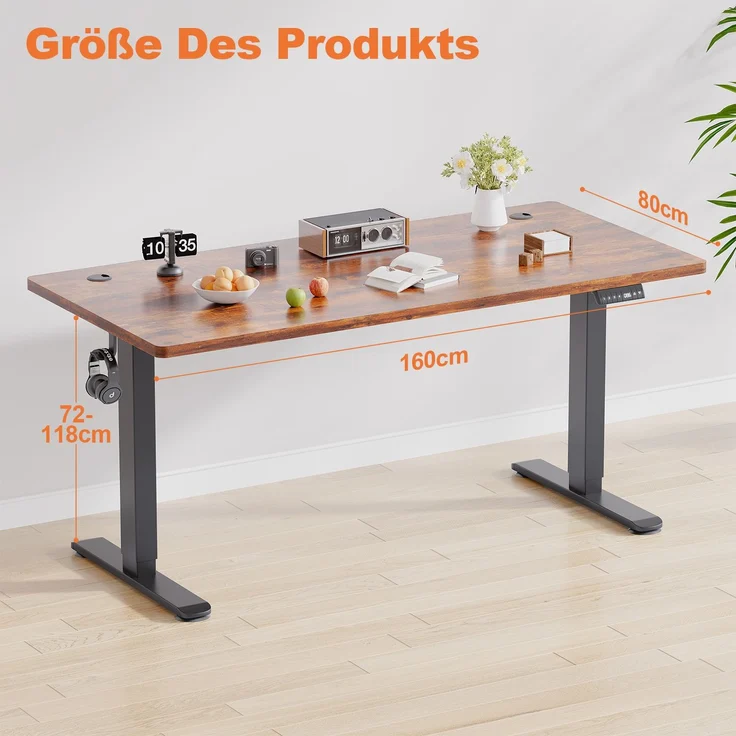 JUMMICO Schreibtisch elektrisch höhenverstellbar mit Kabelwanne & USB-Buchse, Vintage-Braun, 160x80 cm – Bild 5