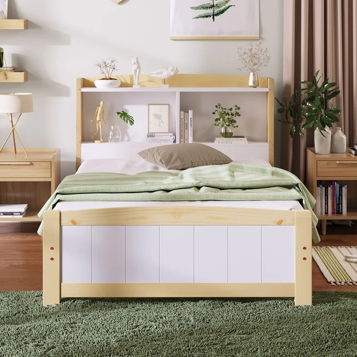 Bett 90x200 cm mit Stauraum-Kopfteil aus Massivholz, weiß – platzsparendes Einzelbett mit Lattenrost – Bild 3