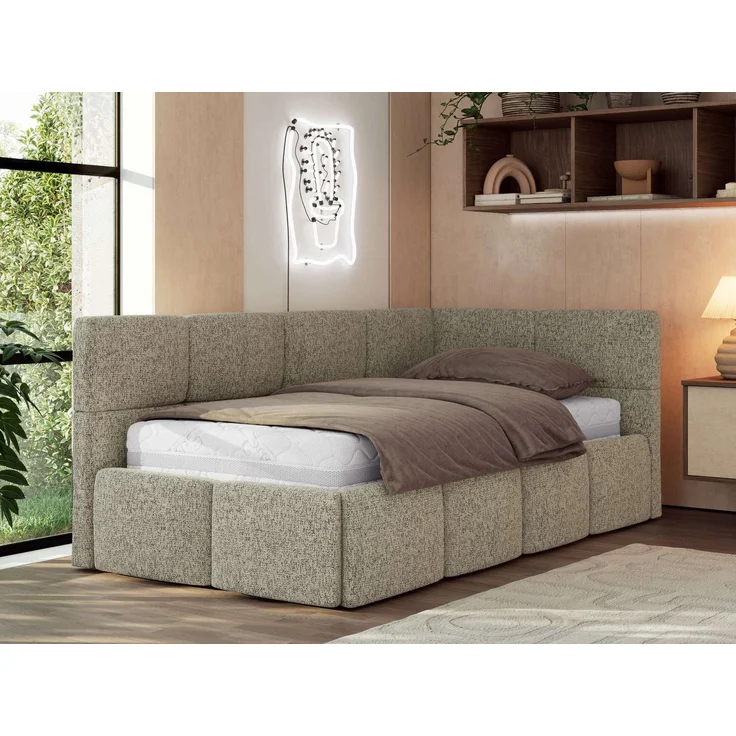 Jugendbett 90x200 ARVO Polsterbett mit Bettkasten, Stauraum & Gasdruckfeder, Modernes Design mit Kopfteil, Pocket Matratze - Dunkelbeige Strukture - VIRE LUX - Rechts Seite – Bild 1