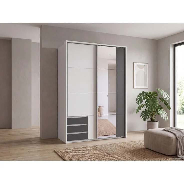 Schwebetürenschrank 2trg. Kleiderschrank 138 cm Weiß Grafit Spiegel Passepartout – Bild 3