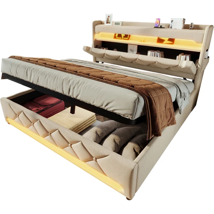 Merax Polsterbett 140*190cm, Doppelbett, Stauraum Kopfteil mit USB und Typ C-Port ,360-Surround-LED-Funktion rund um Kopf- und Fußende des, Leinen, Beige – Bild 10