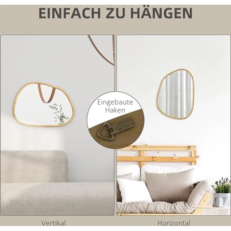 HOMCOM Wandspiegel, Natur, 2.1x60x80 cm, Glas, Holzwerkstoff, vielseitig, vertikal/horizontal aufhängbar – Bild 4