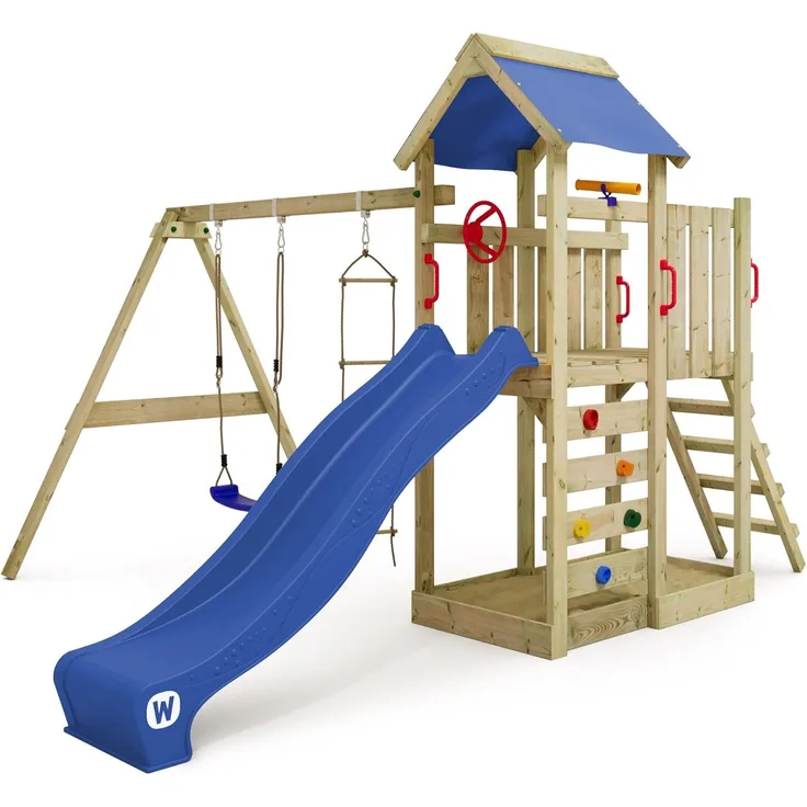 WICKEY Spielturm Klettergerüst MultiFlyer mit Schaukel & blauer Rutsche, Kletterturm mit Sandkasten, Leiter & Spiel-Zubehör